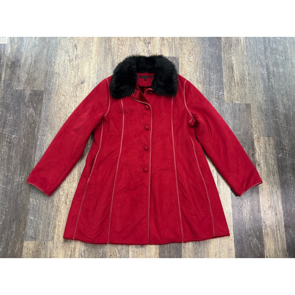 Anne Klein Red Faux Suede Coat Black Faux Fur Collar Button Front Jacket Large